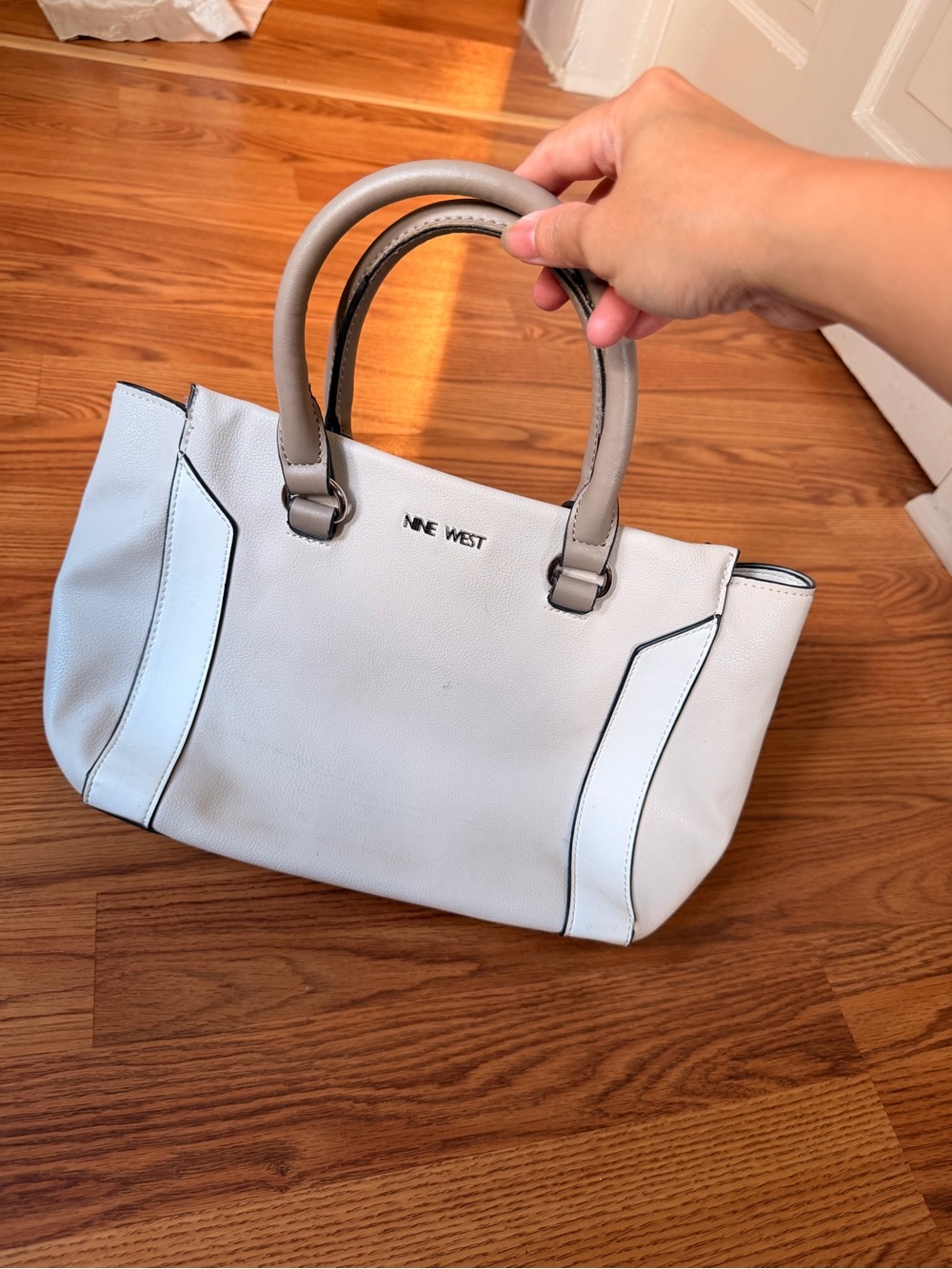 Nine West White Satchel with Taupe Handles